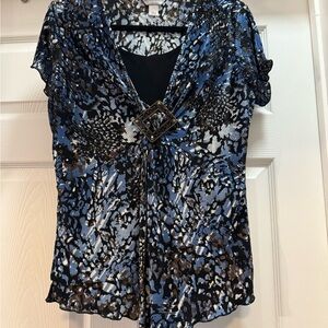 Christopher & Banks Blue and Black Ruffled Tie Front Blouse